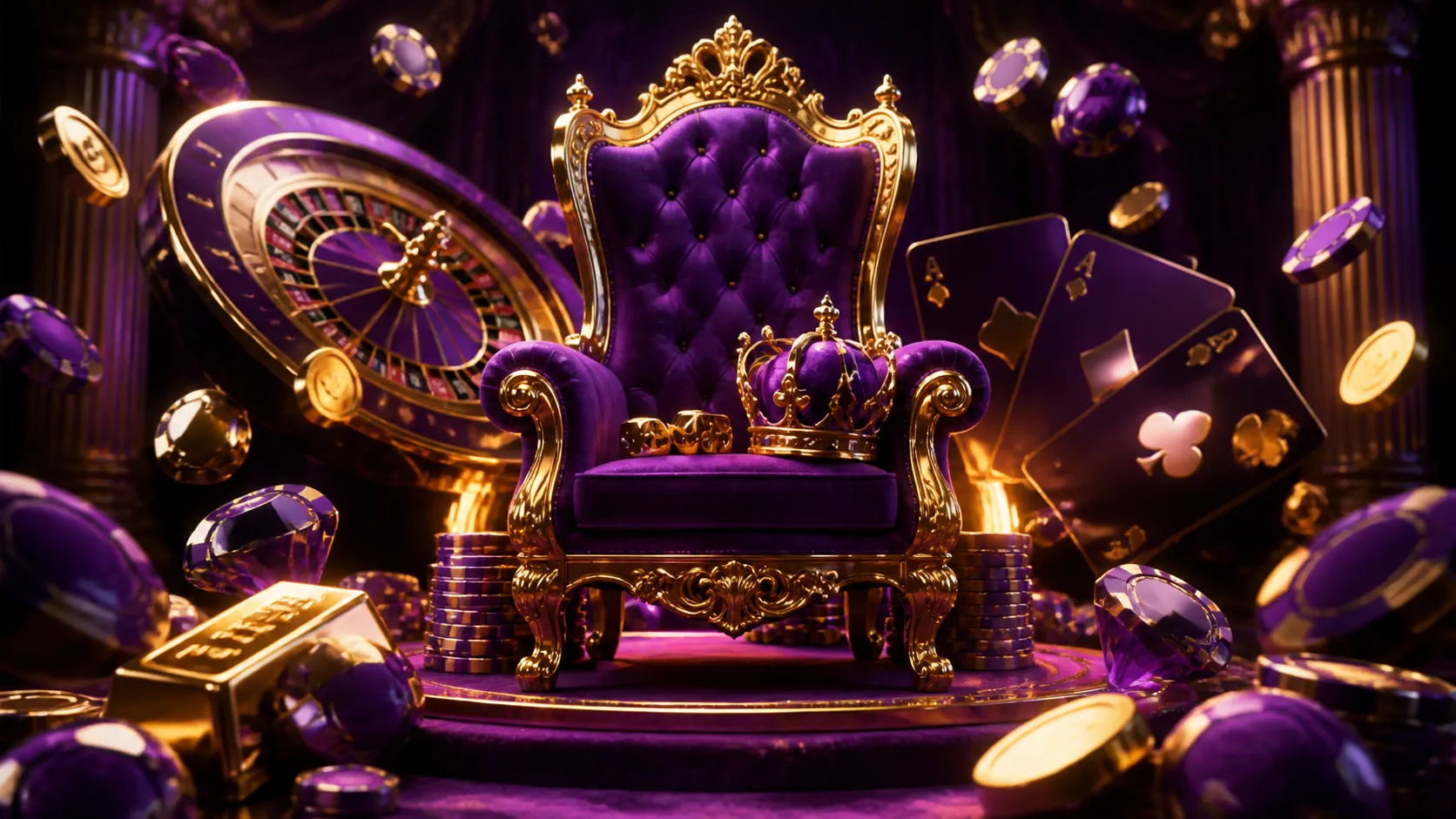 A sophisticated casino-themed hero banner showcasing a luxurious interplay of poker chips, roulette wheel, and gold elements.
